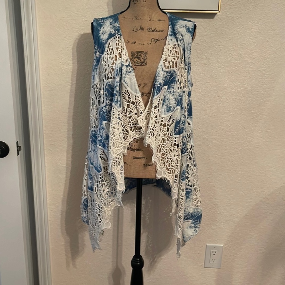 Chico’s denim look and lace long vest size 3